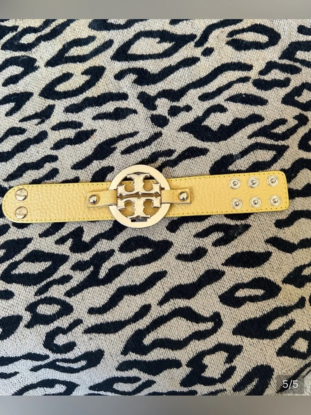 Upcycled Yellow Leather Logo Buckle Belt with Gold Hardware